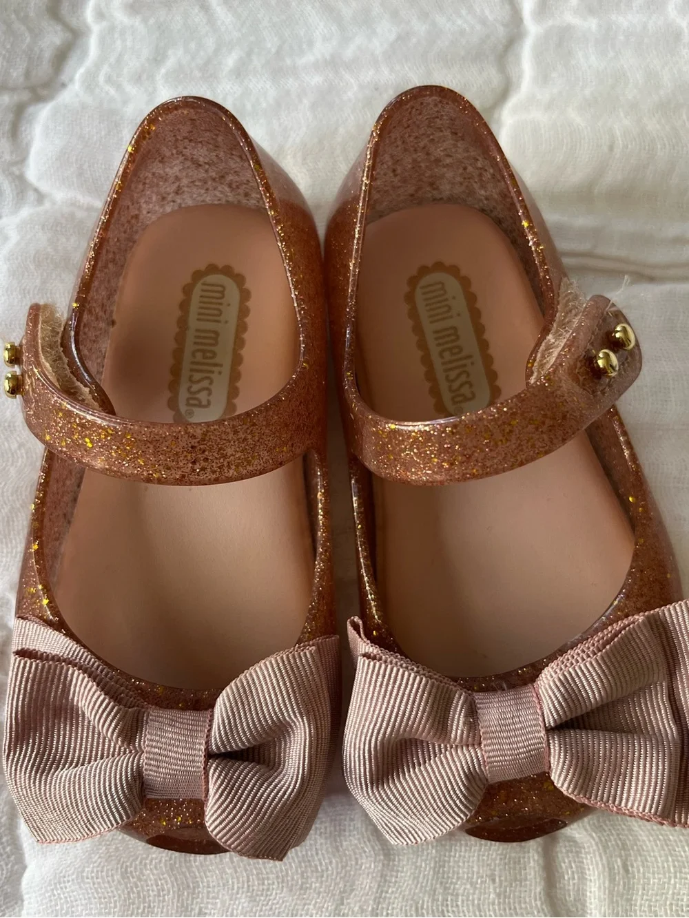 Mini Melissa Glitter Rose Gold Mary Janes with Bow, Size 5 🎀 Worn a Few Times)
